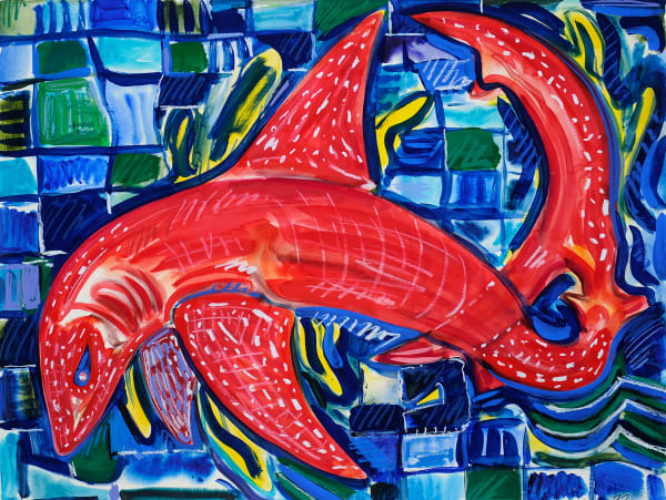 Red Shark, Watercolor, Gouache, Crayon, and Oil Pastel on Paper, 22x30", 2022