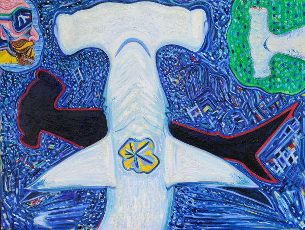 Searching for the Heart of the Hammerhead Shark, Oil Stick, Oil Paint, and Wax on Linen Mounted on Wood Panel, 30x40" , 2024