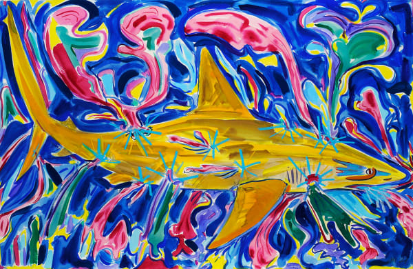 The Life Force of the Golden Shark, Gouache and Oil Pastel on Paper, 26x40", 2021