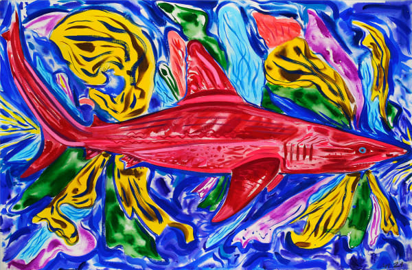 The Life Force of the Red Shark, Gouache and Oil Pastel on Paper, 26x40", 2021