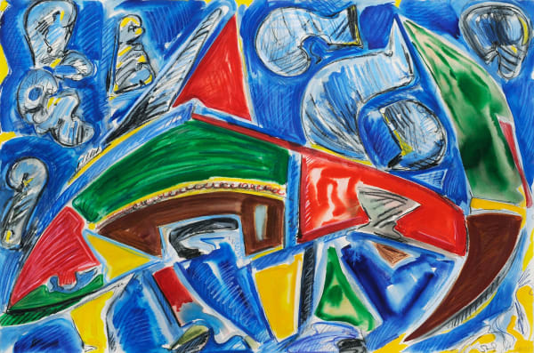 Deconstructing A Shark, Gouache and Crayon on Paper, 32x44", 2025