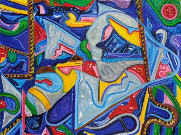 Prickly Dogfish and Severed Thumb, Oil Stick, Oil Paint, and Wax on Linen Mounted on Wood Panel, 30x40" , 2022