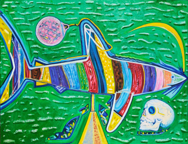Death and the Mako Shark, Oil Stick, Oil Paint, and Wax on Linen Mounted on Wood Panel, 30x40" , 2023