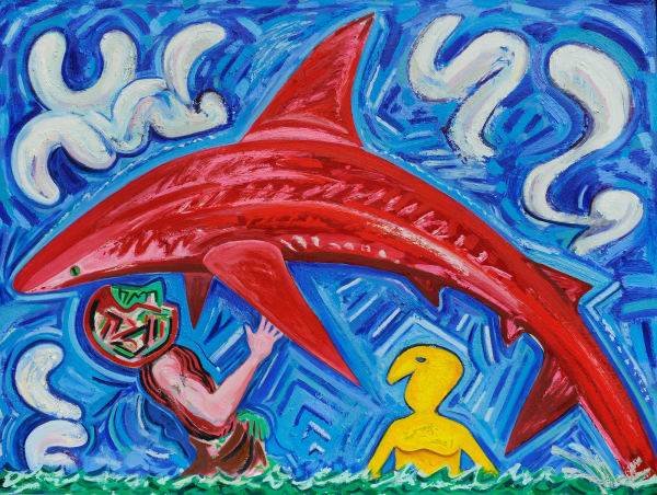 Shark Catcher, Oil Stick, Oil Paint, and Wax on Linen Mounted on Aluminium, 30x40" , 2025