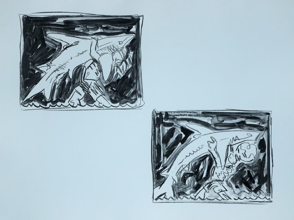 Shark Catcher, Monotype on 22x30" Magnani Pescia Blue, Printed at Milestone Graphics, 2023