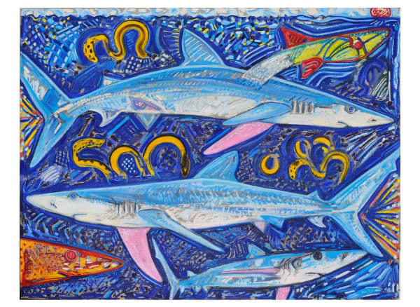 Yellow Bellied Sea Snakes and the Spirit of the Blue Shark, Oil Stick, Oil Paint, and Wax on Linen Mounted on Wood, 48x60", 2021