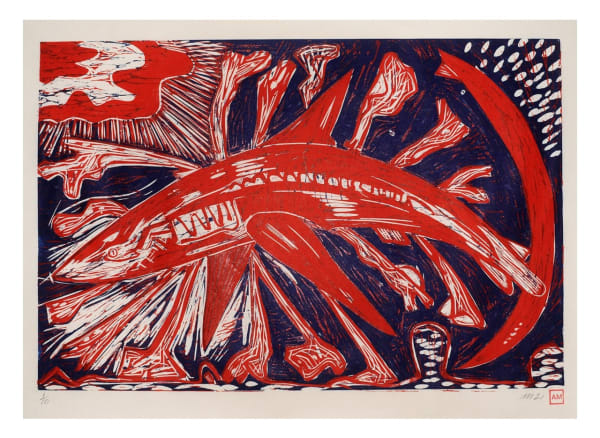 Exploding Shark (Don't Fish With Dynamite), 2 Color Woodcut on Nishinouchi Paper, 29x42", Edition of 10, 2021 Printed by the Artist