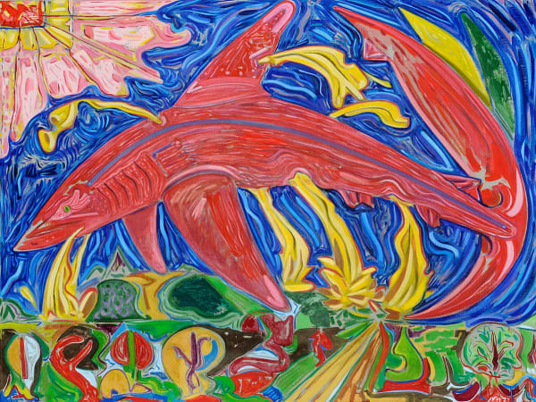 Exploding Shark (Don't Fish With Dynamite), Casein, Oil Stick, Oil Paint, and Wax on Linen Mounted on Wood, 48x60", 2021