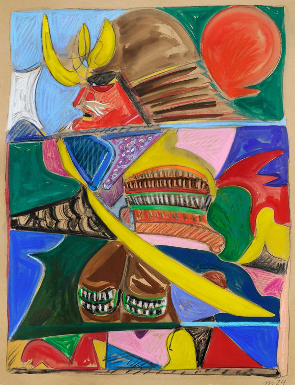 Samurai, Gouache, Crayon, and Pastel on Paper, 30x22", 2024