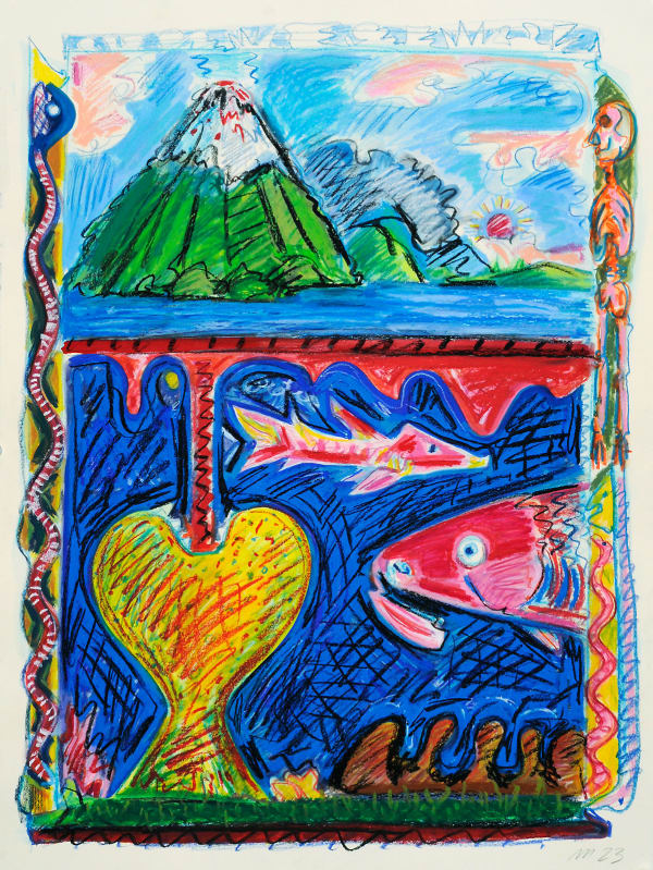 Prehistoric Scene, Gouache, Oile Pastel, and Crayon on Paper, 30x22", 2023