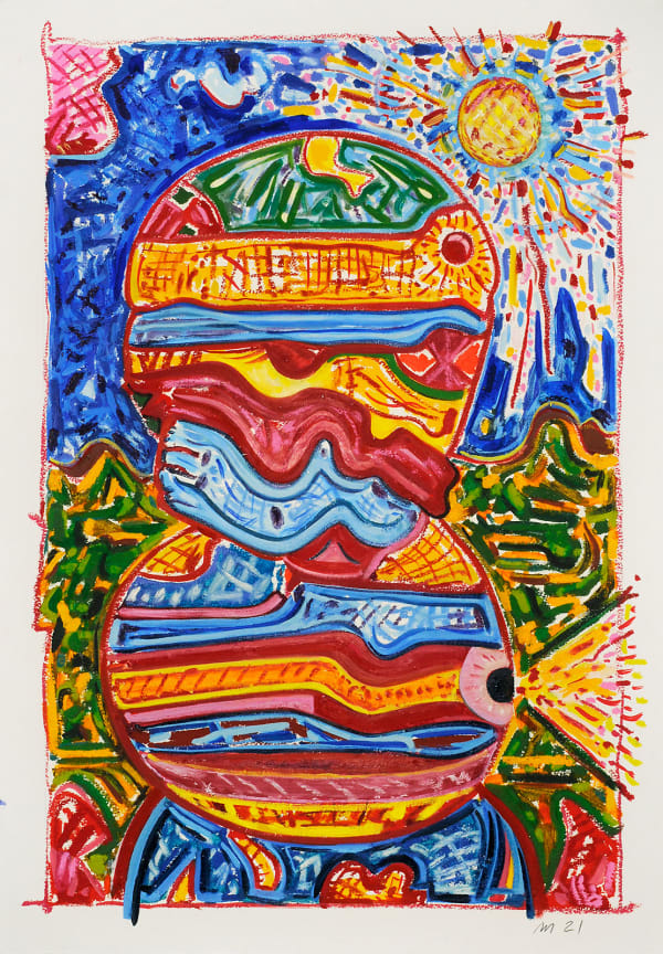 Peanut Man Running in the Sun, Oil Stick on Rabbit Skin Glue Coated Paper, 42x30", 2021