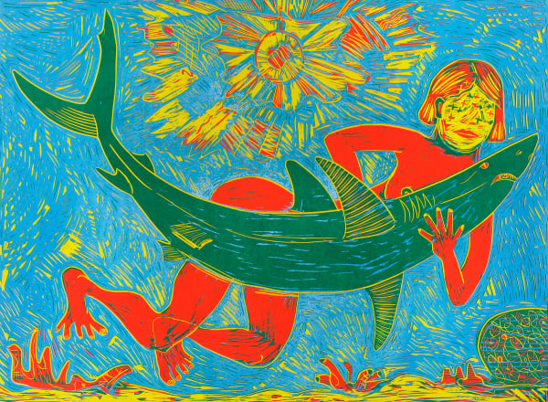 Shark Catcher, Reduction Woodcut on Nishinouchi Paper, 29x42", Edition of 14, 2024 Printed at Milestone Press