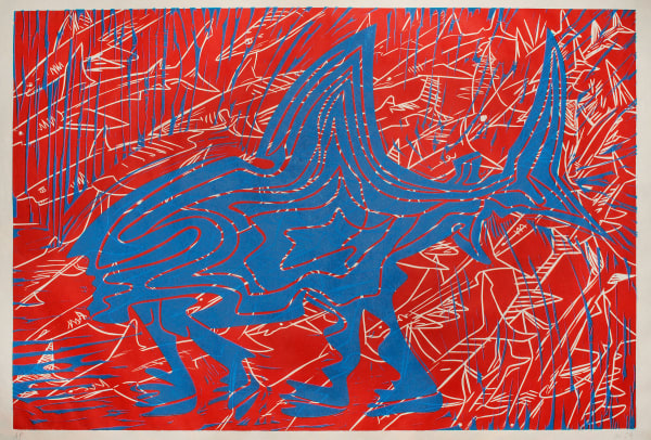 2 Men and Many Sharks, 2 Block Linocut on Nishinouchi Paper, 29x42", Edition of 12 with 2 AP, 2024 Printed at Milestone Graphics
