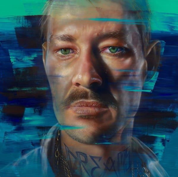 Matt Adnate, Daniel Johns: Echo of a teenage superstar, aerosol and synthetic polymer paint on linen, 198cm x 198cm