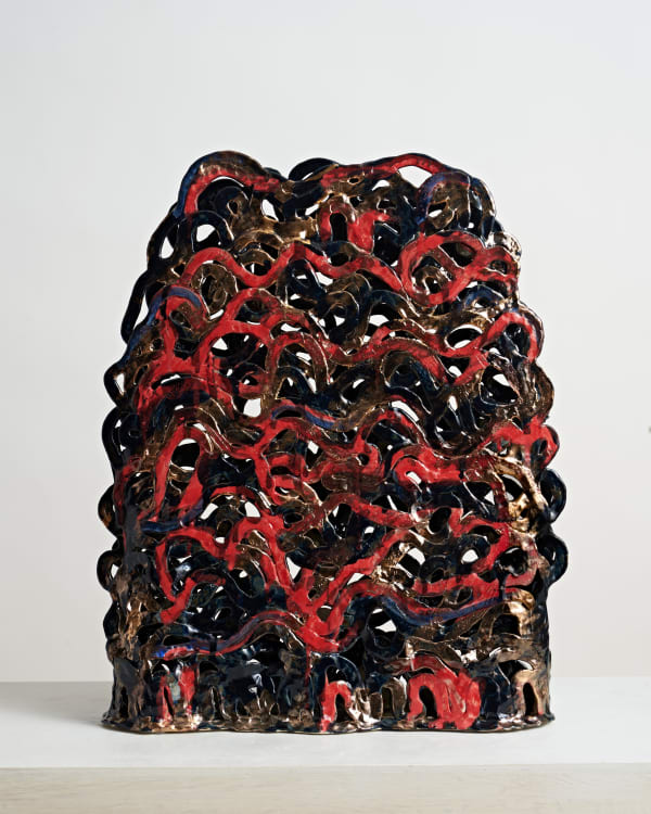Bettina Willner, Wave Tapestry, 2023, glazed ceramic, gold lustre, 52.5cm x 43cm x 9.5cm