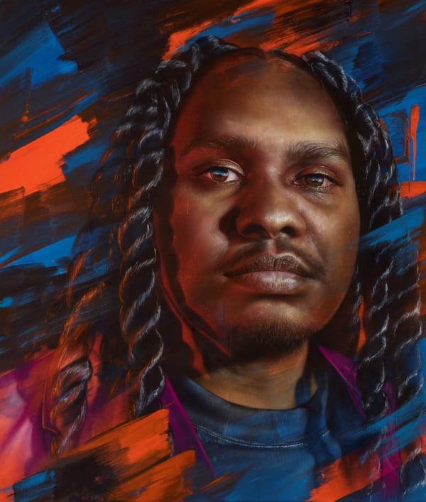 ‍Adnate, Rhythms of Heritage: Portrait of Baker Boy (a.k.a. Danzal Baker)‍, spray paint and synthetic polymer paint on linen, 220cm x 188.5cm