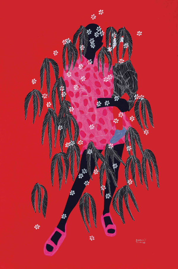 Moustapha Baidi Oumarou, Black Barbie, acrylique pigments et stylos sur toile, 150x100cm, 2023