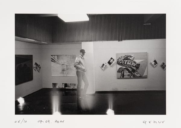 Teodor Graur Self Portrait in Exhibition 1985, 2021 Signed & Dated Archival Print, Digigraphie™, UltraChrome pigment, SIHL SATIN BARYTA 295 gr. Paper size: 29 x 21 cm. 11 3/8 x 8 1/4 in. Edition of 10 plus 1 artist's proof