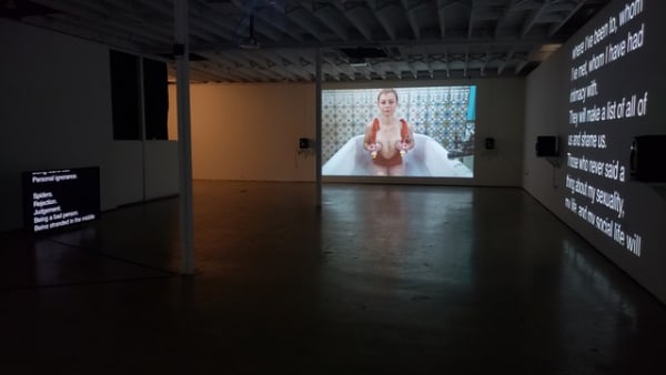 Installation view, Patty Chang's Milk Debt, ©️ 18th Street Arts Center