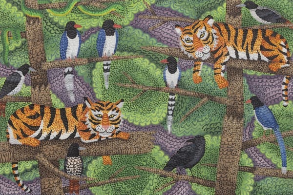 Untitled (white-eared sibia, collared bush-robin, silver bird, formosan clouded leopard)