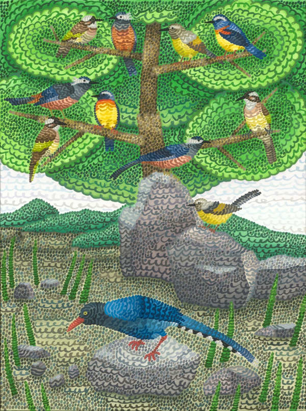 Howard Fonda, Untitled (blue magpie, collared bush robin, white eared sibia, light vented bulbul)
