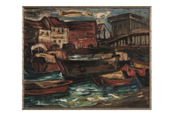 钟泗滨 Cheong Soo Pieng, 新加坡驳船码头及爱琴桥一景