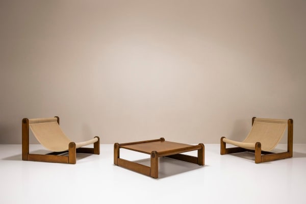 Set of Brutalist Sling Chairs and Coffee Table in Oak and Canvas, 1970s , SOLD