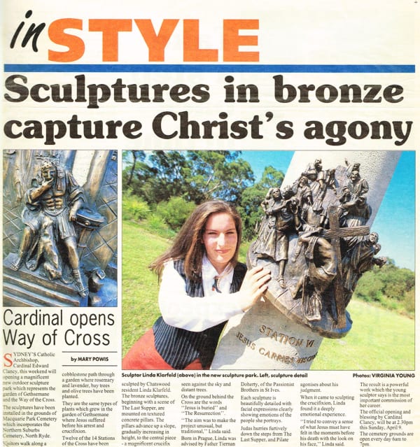 A newspaper article titled "Sculptures in bronze capture Christ’s agony" in the InStyle section. The article showcases Linda Klarfeld’s bronze sculptures for the Way of the Cross at Macquarie Park Cemetery, North Ryde. A prominent photo features Klarfeld
