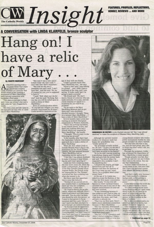 A newspaper article titled "Hang on! I have a relic of Mary..." featuring a large headline and two images. The first image shows a bronze sculpture of Blessed Mary MacKillop, depicted holding a walking stick and wearing her religious habit, created by Lin