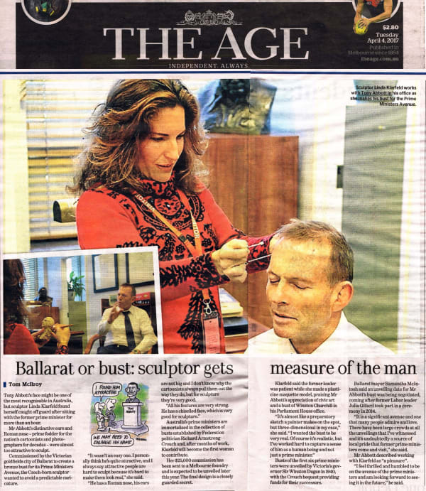 A newspaper article from The Age dated April 4, 2017, titled "Ballarat or bust: sculptor gets measure of the man" by Tom McIlroy. The main image shows sculptor Linda Klarfeld in a red sweater, working on a clay model of former Australian Prime Minister To