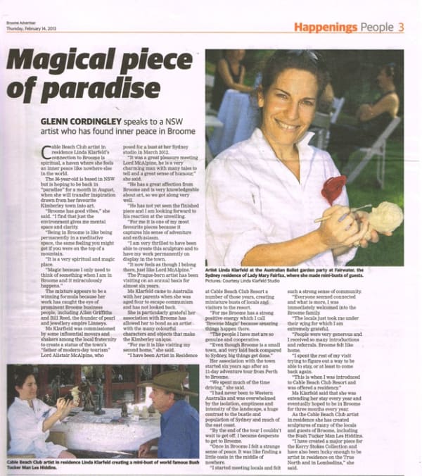 A newspaper article titled "Magical Piece of Paradise" published in the Broome Advertiser on Thursday, February 14, 2013, written by Glenn Cordingley. The article highlights Linda Klarfeld, a NSW-based sculptor, and her artist residency at Cable Beach Clu