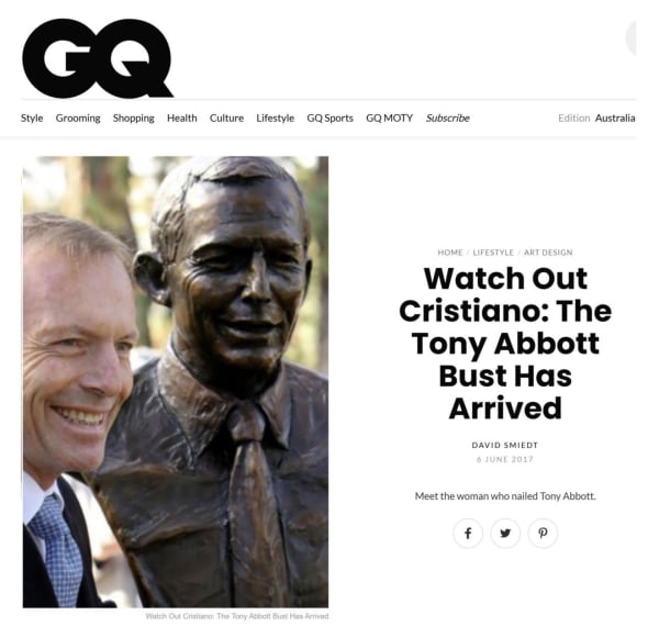 A screenshot of a GQ Australia article titled "Watch Out Cristiano: The Tony Abbott Bust Has Arrived," written by David Smiedt and published on June 6, 2017. The article features a bronze bust of former Australian Prime Minister Tony Abbott, sculpted by L