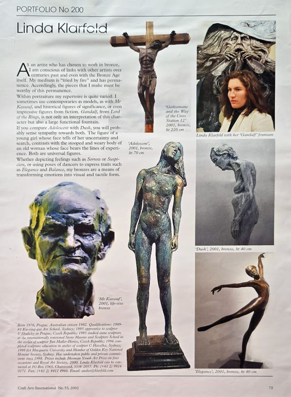 A magazine article from Craft Arts International showcasing sculptor Linda Klarfeld and her work. The layout features various bronze sculptures, including "Gethsemane and the Way of the Cross Station 12" (a crucifixion piece), "Gandalf" (a fountain inspir