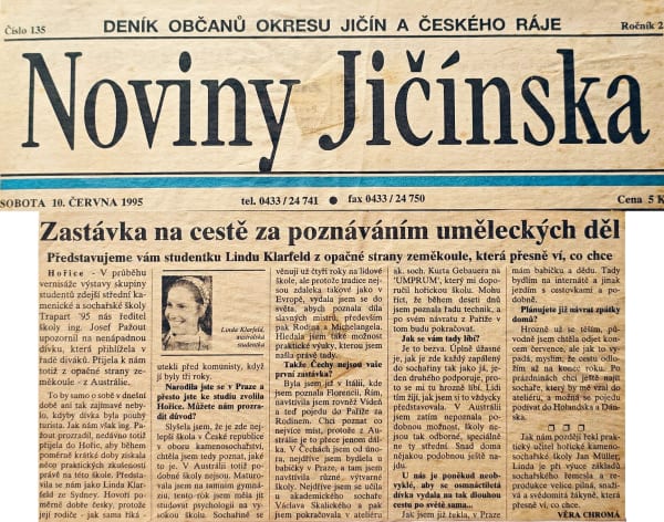 A newspaper article from Noviny Jičínska, published on June 10, 1995, featuring a portrait of a young Linda Klarfeld in the center. The title reads, "Zastávka na cestě za poznáváním uměleckých děl" ("A stop on the journey to exploring works of art"). The