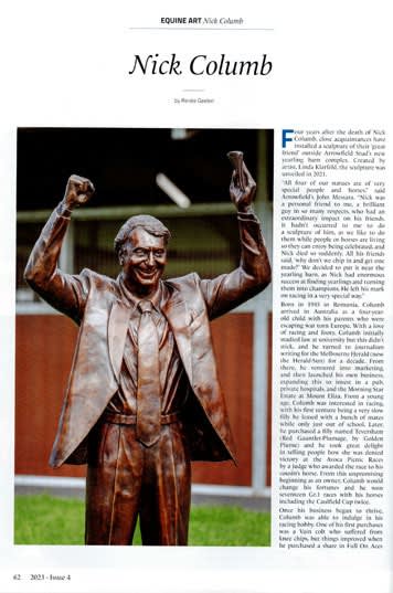 An article in Bluebloods Magazine by Renee Geelen featuring Linda Klarfeld’s statue of Nick Columb. A magazine article featuring a bronze statue of Nick Columb, a prominent equine figure. The statue captures Nick Columb with an expressive pose, both arms