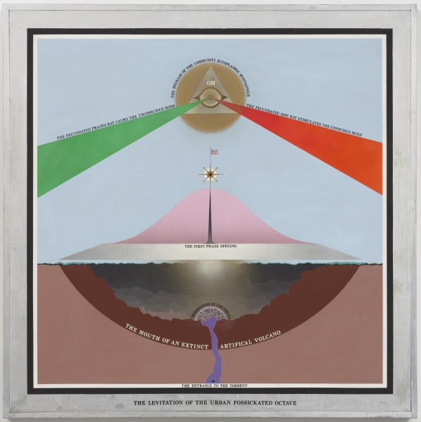 Paul LAFFOLEY (1935-2015) The Levitation of the Urban Fossicated Octave.1968 Oil, hand set vinyl letters on canvas 52 x 52 in. / 132 x 132 cm.