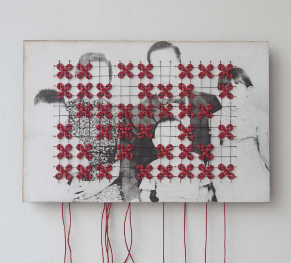 Choi Wong, Hierarchy of Five, 2025 Material Toyobo polymer etching of a found image on 4 mm poplar plywood, with red threads, yarn, and wooden beads, 29.3 × 19.3 cm