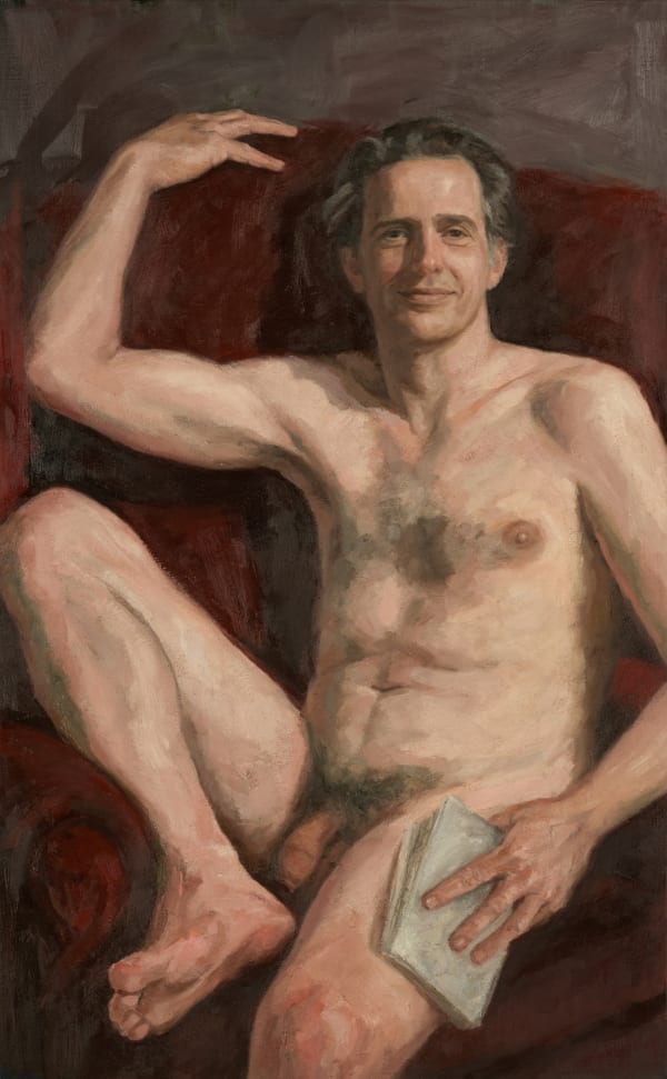 oil painting portrait of nude man holding a book, sitting on a red armchair