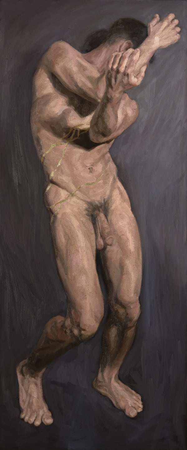 oil painting of a standing nude man bent, hands out, dancing