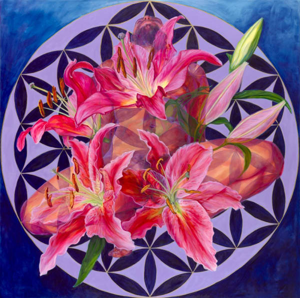 oil painting of a kneeling nude man, tiger lilies, bright colours, sacred geometry, flower of life