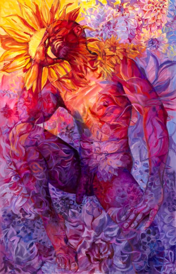 oil painting of laughing nude man, bright sunflowers, flowers, dahlias