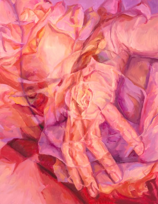 oil painting of a woman's nude breast interwoven with roses