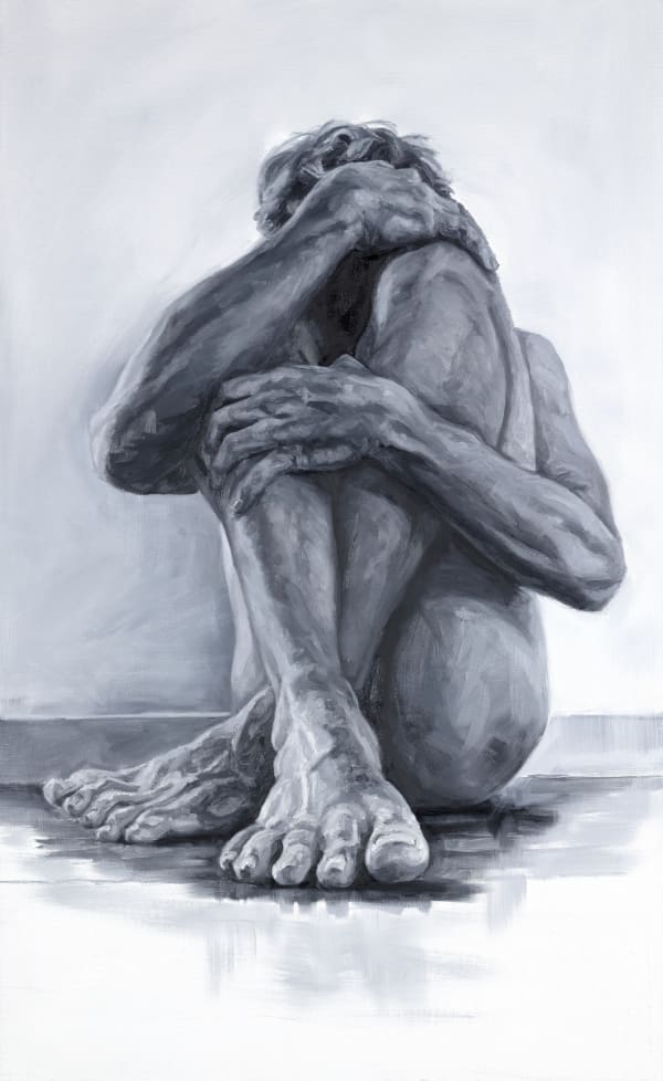 monochromatic oil painting of a nude man, hands covering his face, knees drawn up