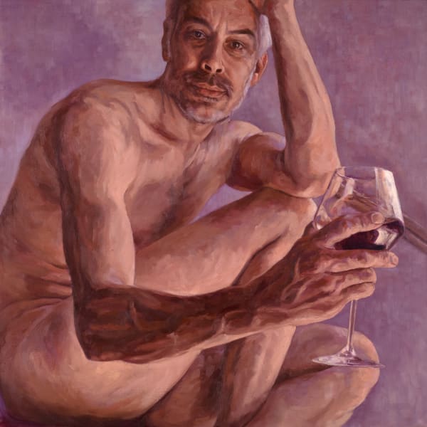 oil painting portrait of a nude man holding a glass of red wine