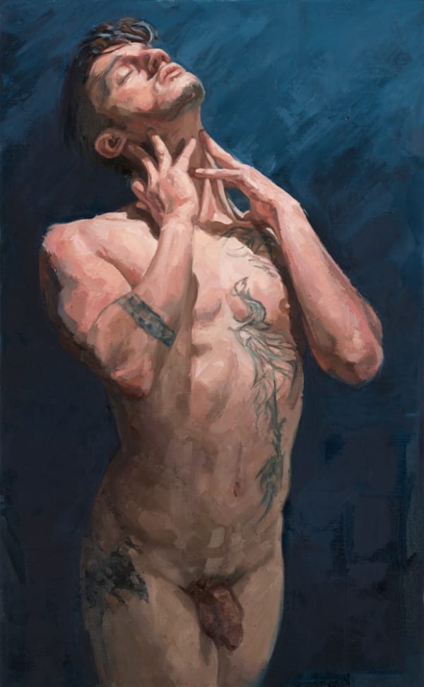 oil painting of a nude man, head arched backwards, hands against his neck