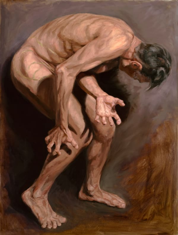 oil painting of a nude man bent over, hands out