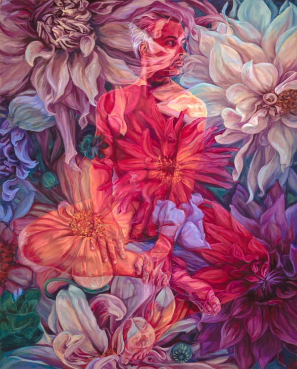 oil painting of a nude man, brightly coloured , flowers, dahlias