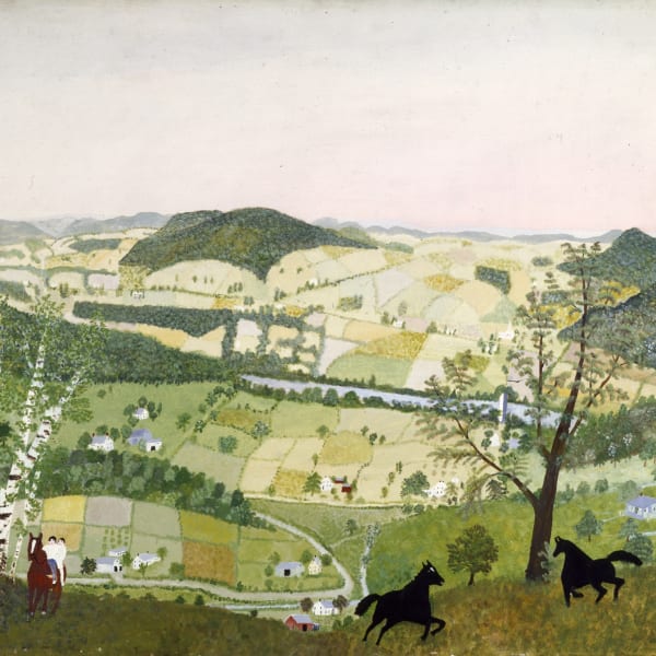Landscape oil painting by Grandma Moses showing a lush green landscape with two black horses in the foreground at right