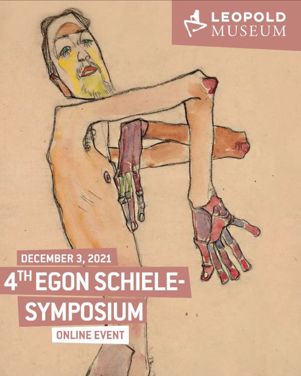 A watercolor and pencil drawing of a nude caucasian man with yellow face and stubble, interposed with event text for an online symposium on December 3, 2021