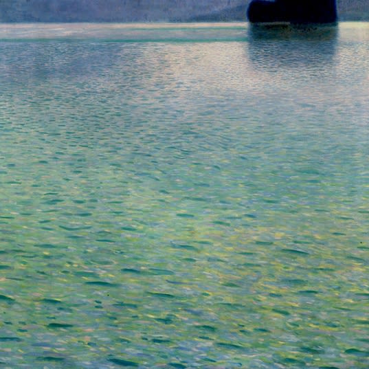 An oil painting of Lake Attersee by Gustav Klimt primarily in shades of blues, greens and purples